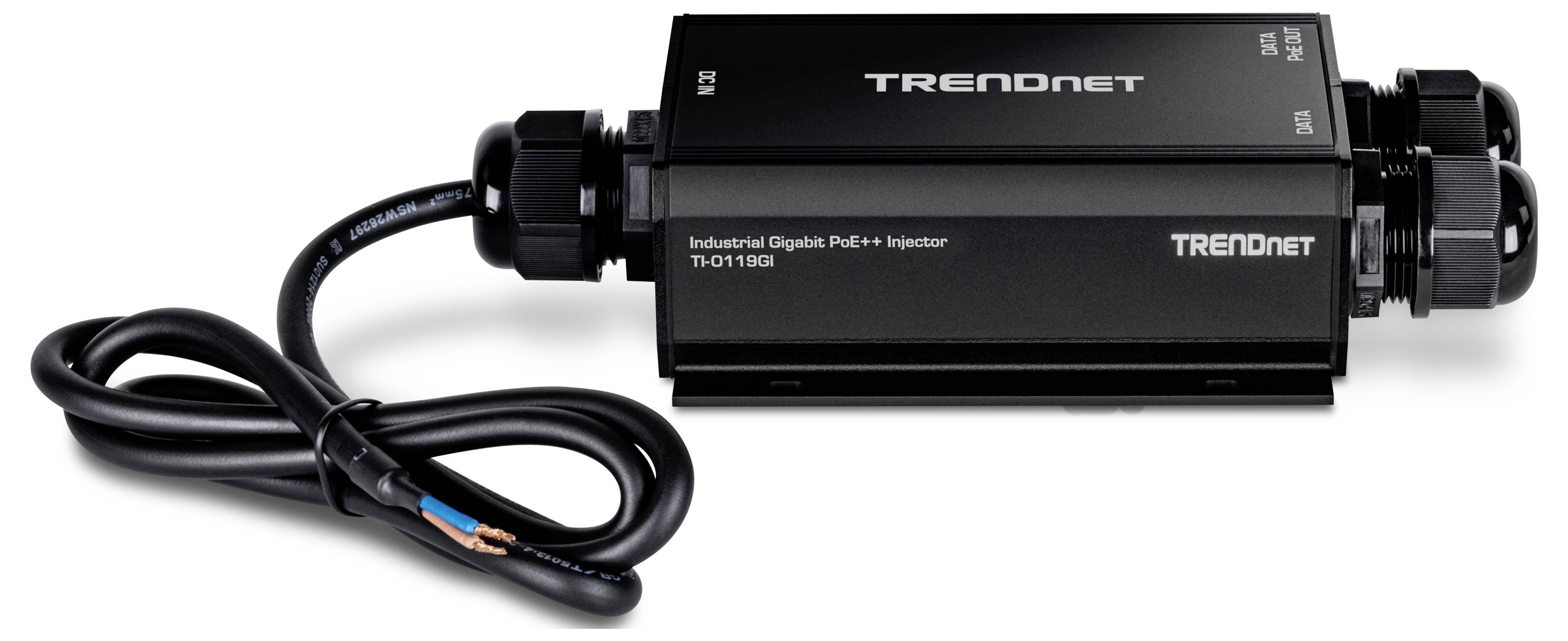 TRENDnet Industrial Gigabit PoE++ injector med ansluten kabel och kontakter, visad på vit bakgrund.