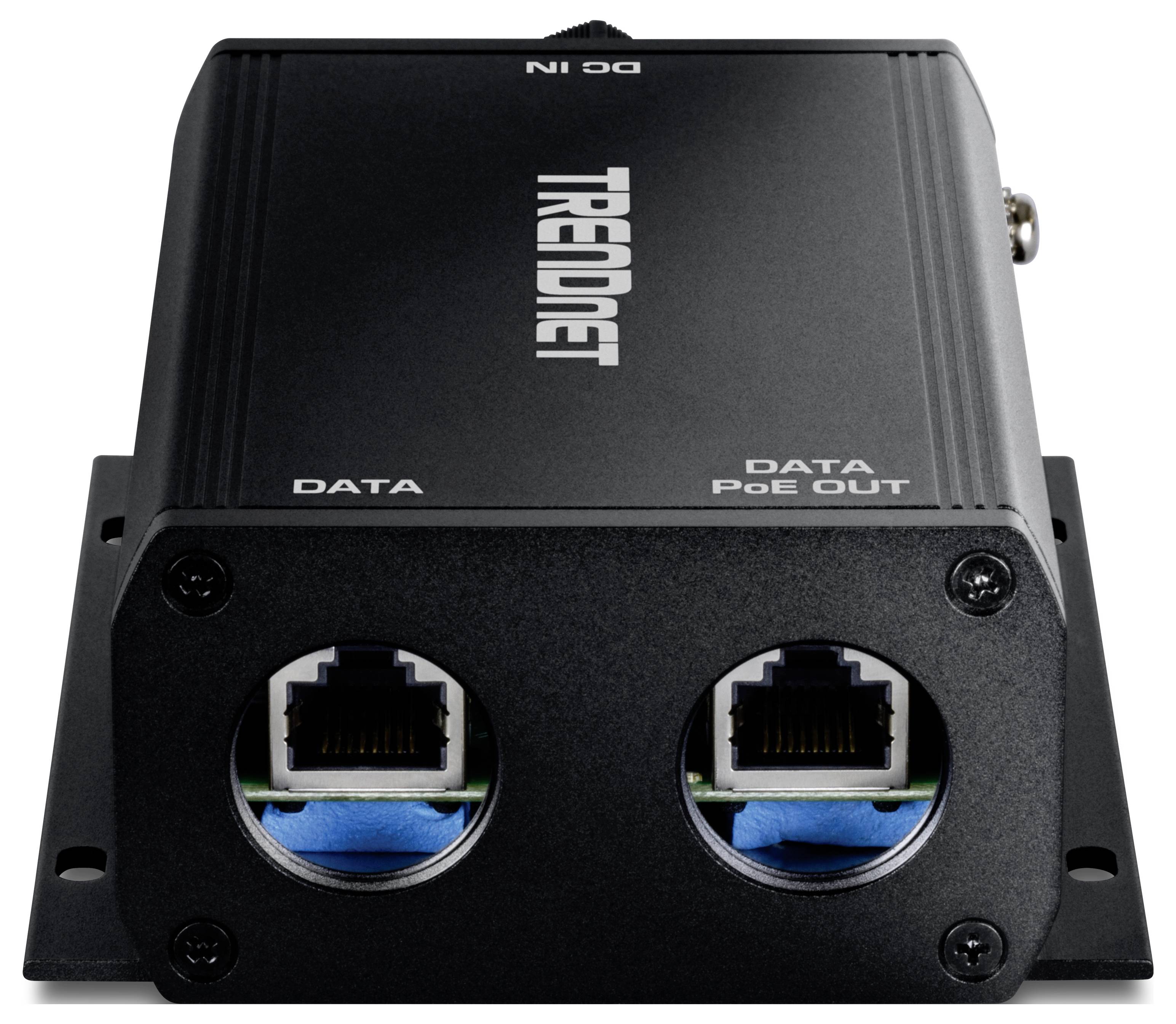 TRENDnet PoE-inmatare med två Ethernet-portar märkta "DATA" och "DATA PoE OUT" på en svart metallenhет.