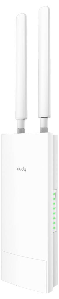 Vit Cudy trådlös router med två antenner och gröna statusljus på högersidan.