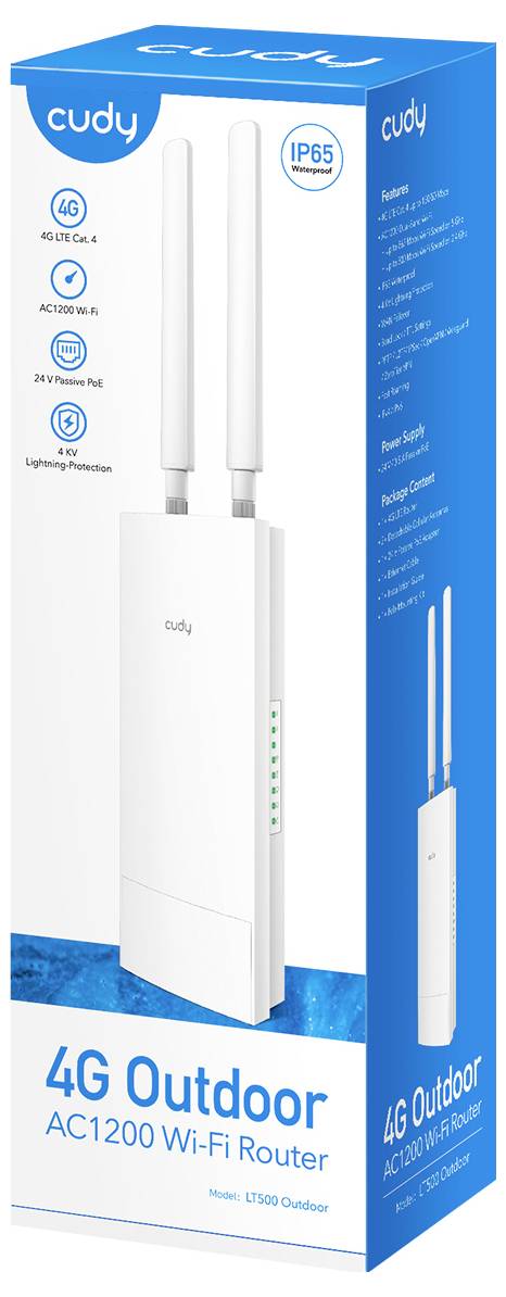 Produktlåda för en Cudy 4G utomhus AC1200 Wi-Fi router, visar två vita antenner och IP65 vädertät märkning.