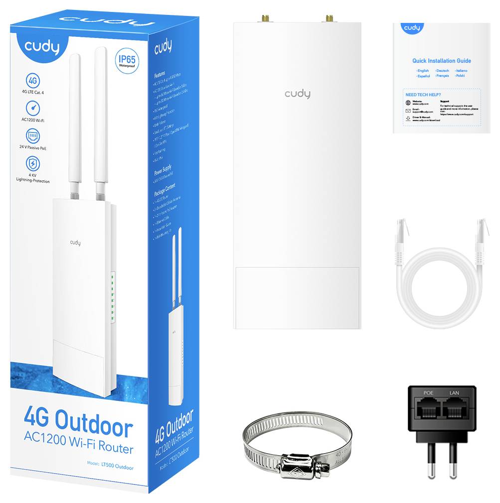 Produktpaket som visar en Cudy 4G utomhus AC1200 Wi-Fi-router, med routerenheten, snabbinstallationsguide, kabel, slangklämma och strömadapter visade tillsammans.