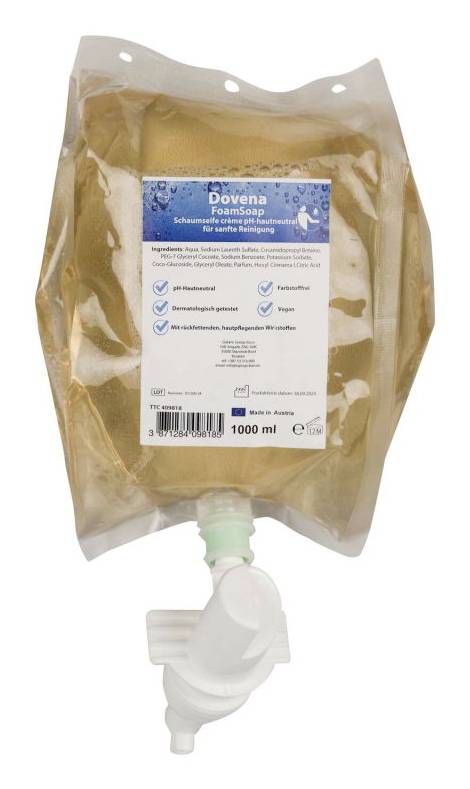 1000 ml påse med "Dovena" skumtvål med dispenserkran, visas i förpackning för handhygien.