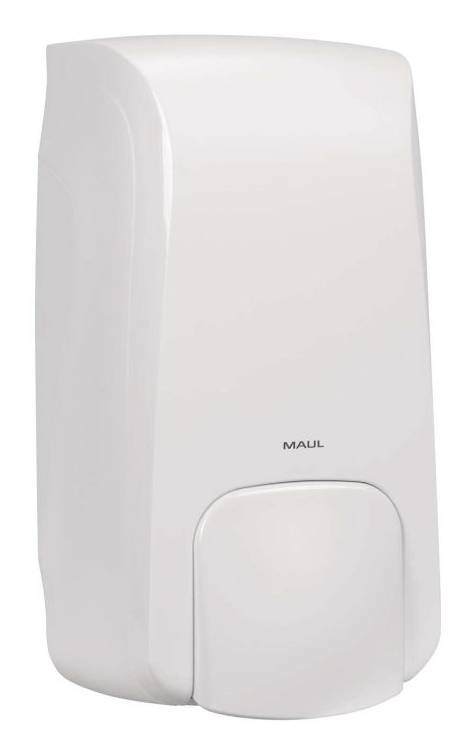 Vit väggmonterad dispenser med en rundad frontpanel och varumärket "MAUL" centrerat nära botten.
