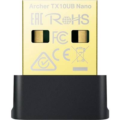 Gyllene TP-Link Archer TX10UB Nano USB-adapter med synliga regulatoriska logotyper och svart lock