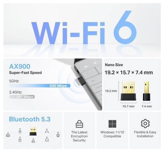 Reklamgrafik för en Wi-Fi 6 AX900 USB-adapter som destacerar 600 Mbps på 5GHz, 287 Mbps på 2,4GHz, nanistorlek, Bluetooth 5.3, WPA3-säkerhet och Windows-kompatibilitet.