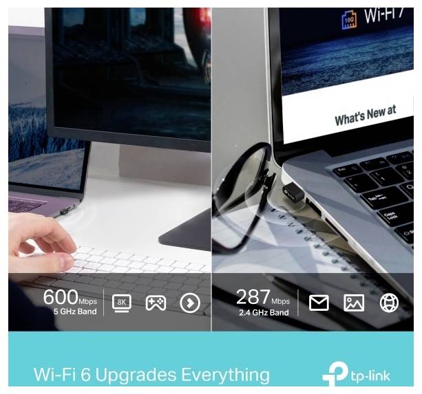 Delad skärm TP-Link Wi-Fi 6-annons som jämför 600 Mbps på 5 GHz och 287 Mbps på 2,4 GHz, med texten "Wi-Fi 6 uppgraderar allt".