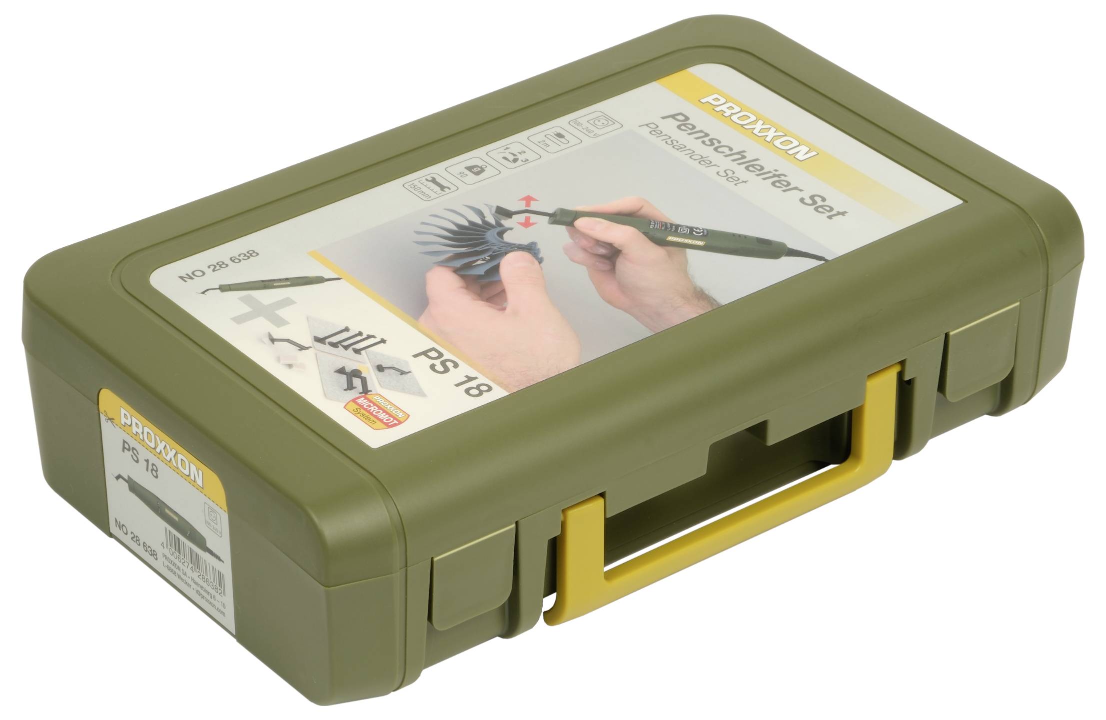 Olivgrön PROXXON verktygslåda med gult handtag, märkt "PS 18" och "Proxxon Power Supply Set", visad stängd på en vit bakgrund.