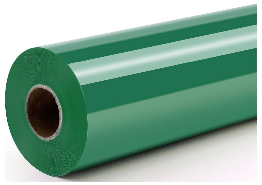Grön glansig rulle med vinylfilm eller självhäftande material med ihålig pappkärna, visad mot en vit bakgrund.