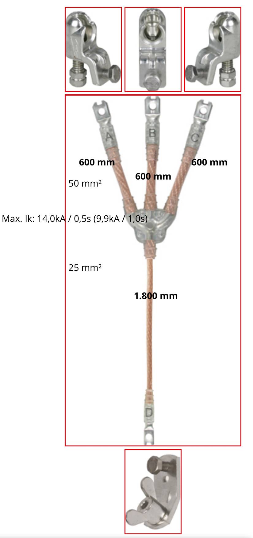 Teknisk produktdiagram över ett ståltrådslinga med tre topputfästningar och enBottenkrok, märkt med 600 mm armar och 1 800 mm total längd, med anteckningar om bärkapacitet.