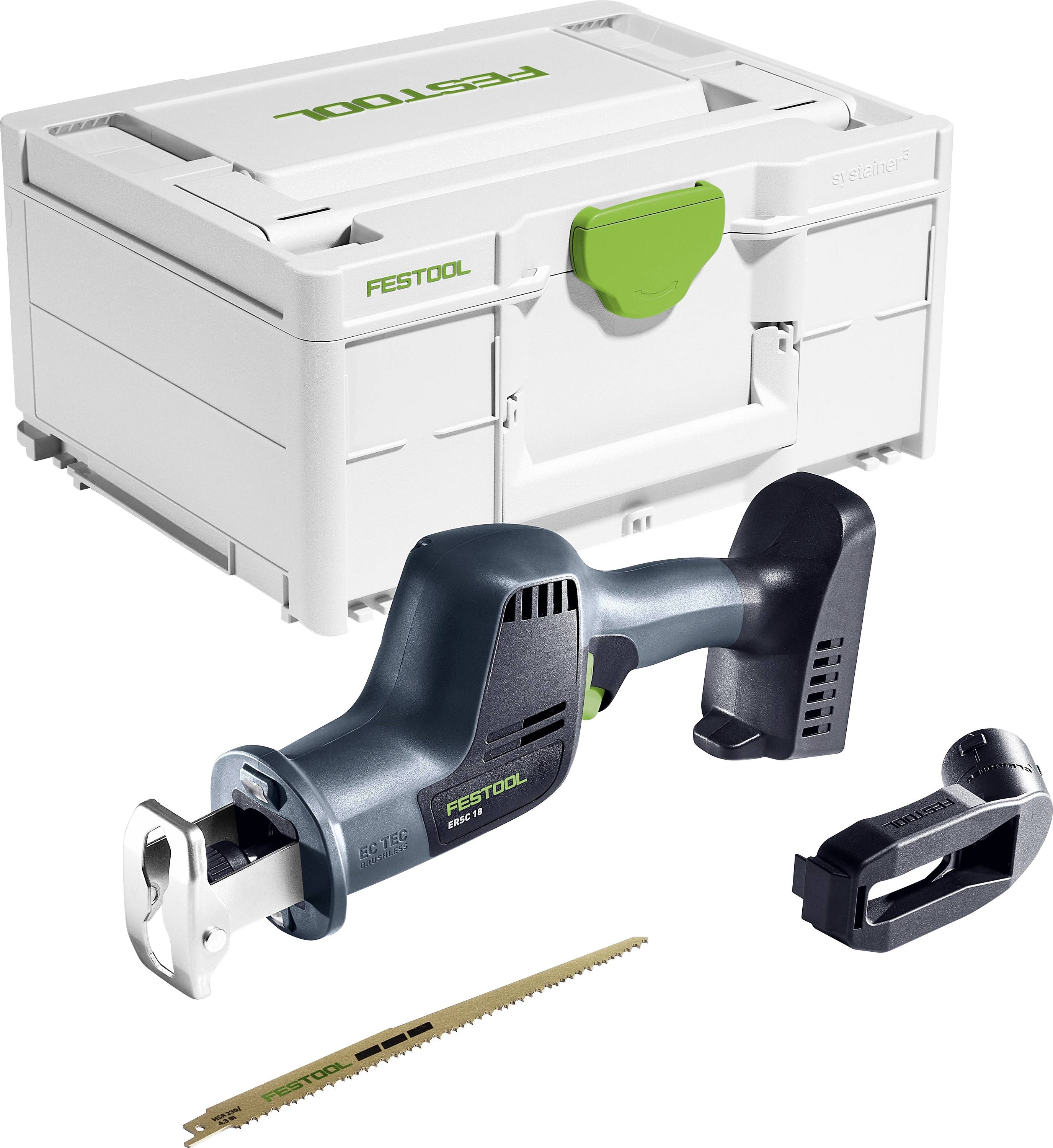 Festool trådlös såg för fram- och återgående rörelse med bärväska, batteri, laddare och såg i förpackningen på vit bakgrund.