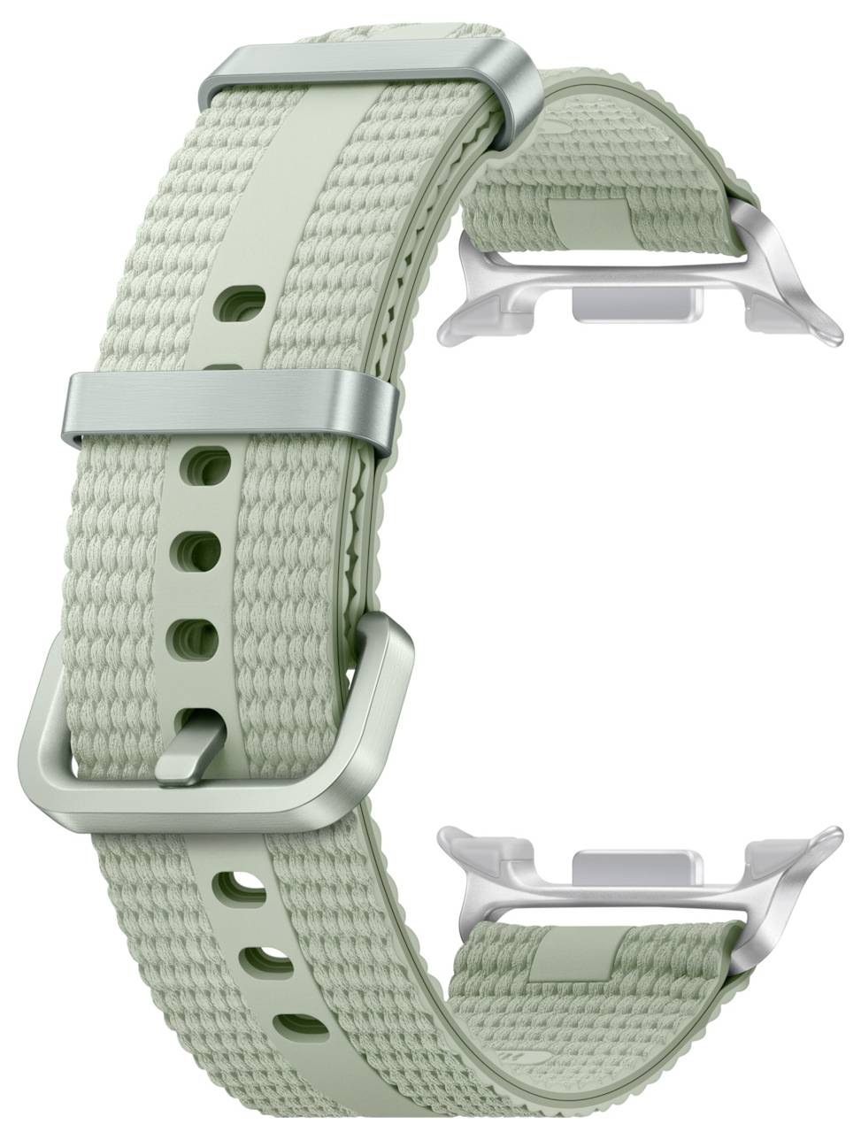 Närbild av ett mintgrönt vävet klockarmband med metallspänne och kopplingar, visat frånkopplat på vit bakgrund.