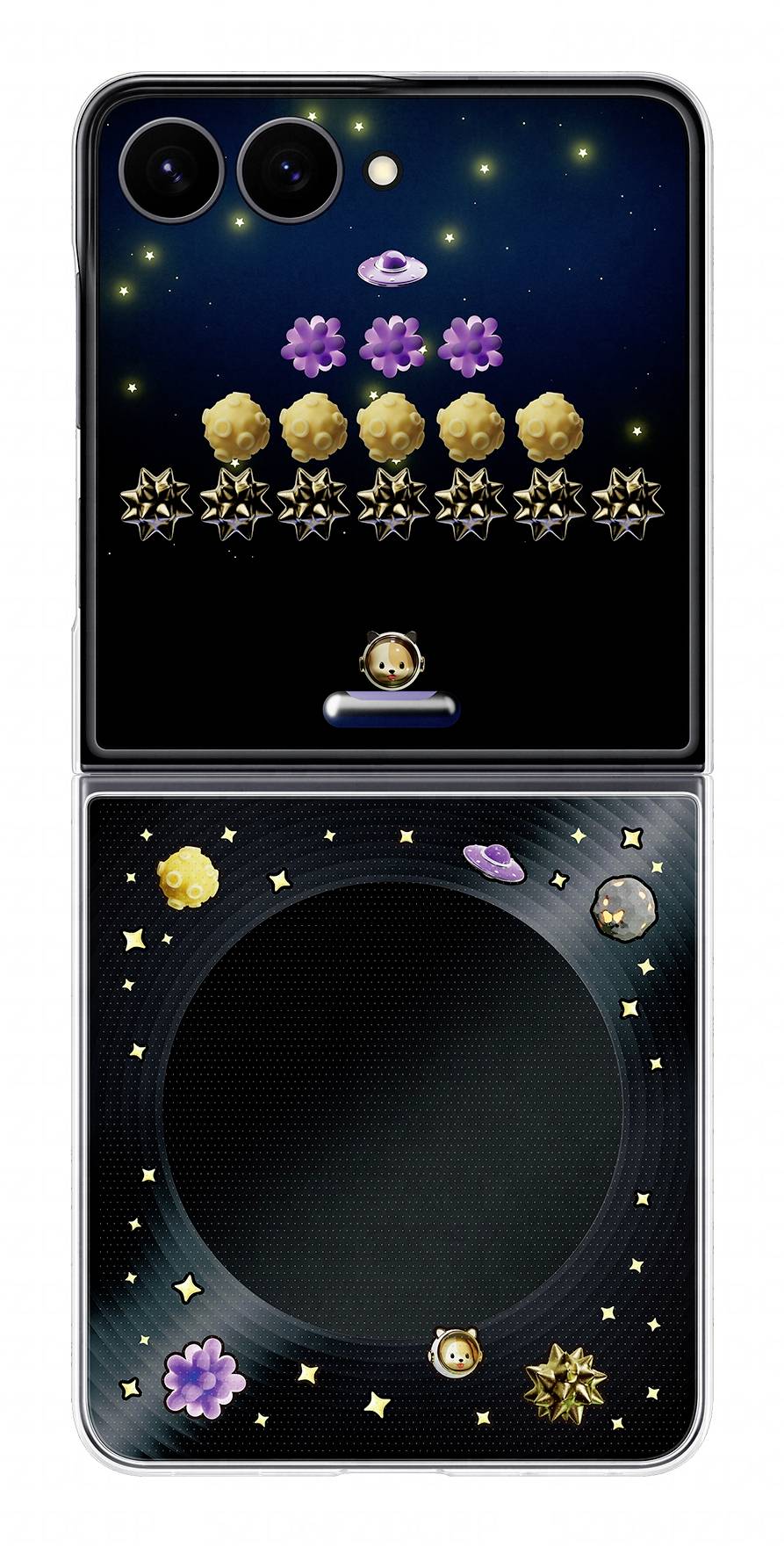 Ett dekorativt telefonöver med rymdsöte, med stjärnor, planeter, blommor och en liten tecknad astronaut på en svart bakgrund.