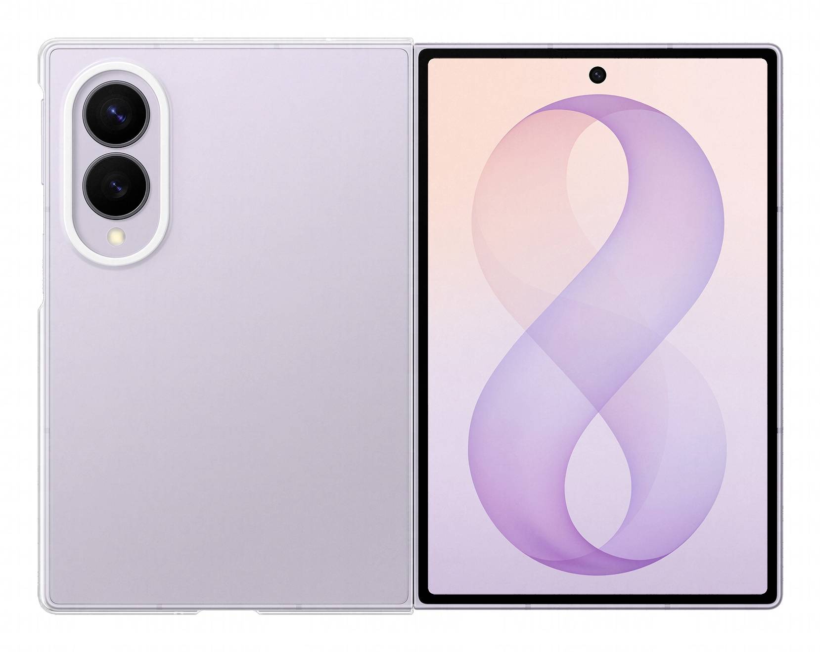 En lavendelviolett vikbar smartphone visad öppen, med dubbla bakre kameror på den vänstra panelen och en ljusrosa skärm med ett stort lila bandliknande "8"-grafik.