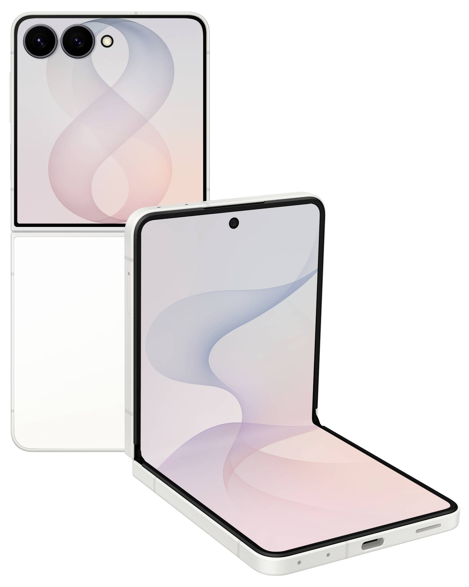 Vikbar smartphone visas öppen och stängd, med pastellfärgade skärmar och dubbel bakkamera, som illustrerar dess klappmuslingsdesign.