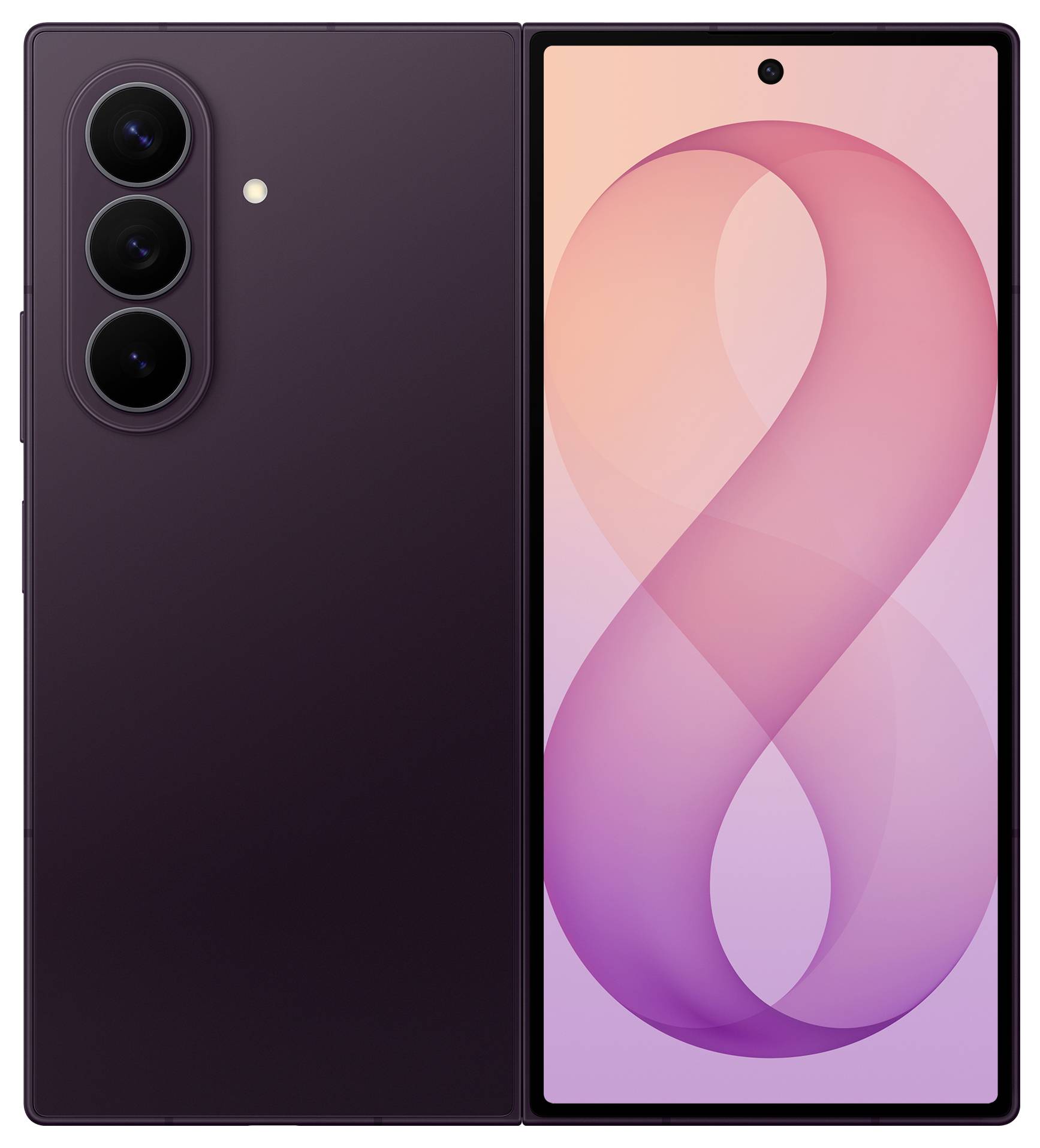 Front- och bakvy av en mörk lila Samsung-smartphone som visar trippelkameror på baksidan och en rosa abstrakt bakgrundsbild på displayen.