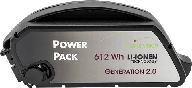 Black Power Pack e-cykelns batteri märkt med "612 Wh Li-jonteknologi" och "Generation 2.0", med "E-bike Vision"-märke.
