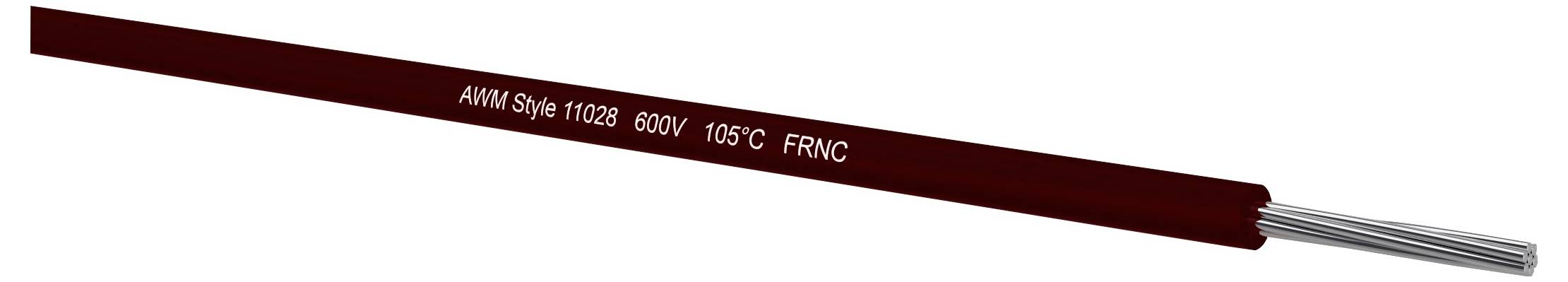 Närbild av en röd elektrisk kabel med exponerade silverledare, märkt AIM Style 11028 600V 105°C FRNC.
