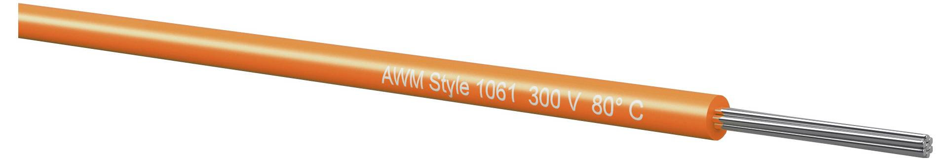 Orange elektrisk kabel märkt "AWM Style 1061 300V 80°C" med exponerade silverfärgade innledningar vid ena änden.