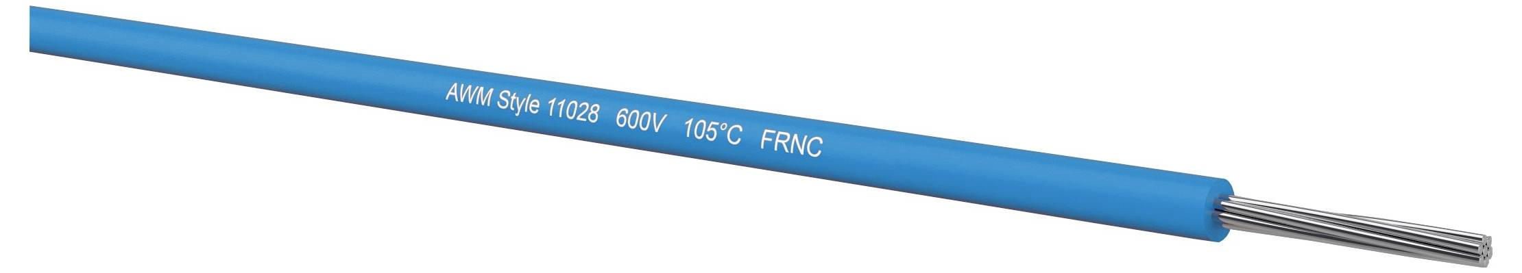 Blå isolerad elektrisk kabel med exponerade silvertrådsträngar i ena änden, märkt "AWM Style 11028 600V 105C FRNC".