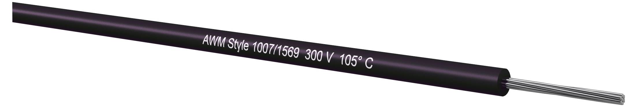 En svart isolerad ledare märkt "AWM Style 1007/1569 300V 105°C" med exponerade silverfärgade inre ledare.