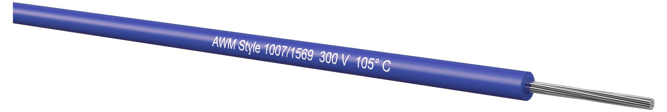 Blå isolerad elektrisk kabel märkt "AWM Style 1007/1569 300V 105°C" med exponerad silverledare i ena änden.