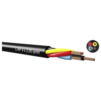 Illustration av en fyrledare L-RP-kabel märkt "L-RP 4 x 2,50 qmm", som visar svart yttre mantel, färgade inledare och exponerade kopparledare.