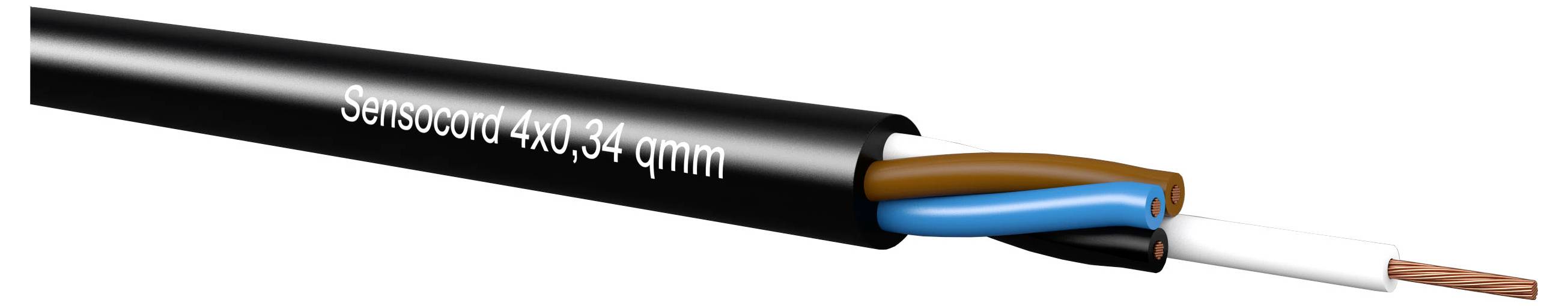Genomskärning av en svart elektrisk kabel märkt "Sensocord 4x0,34 qmm" som visar blå och bruna isolerade ledare, en vit inre skida och exponerad kopparledare.