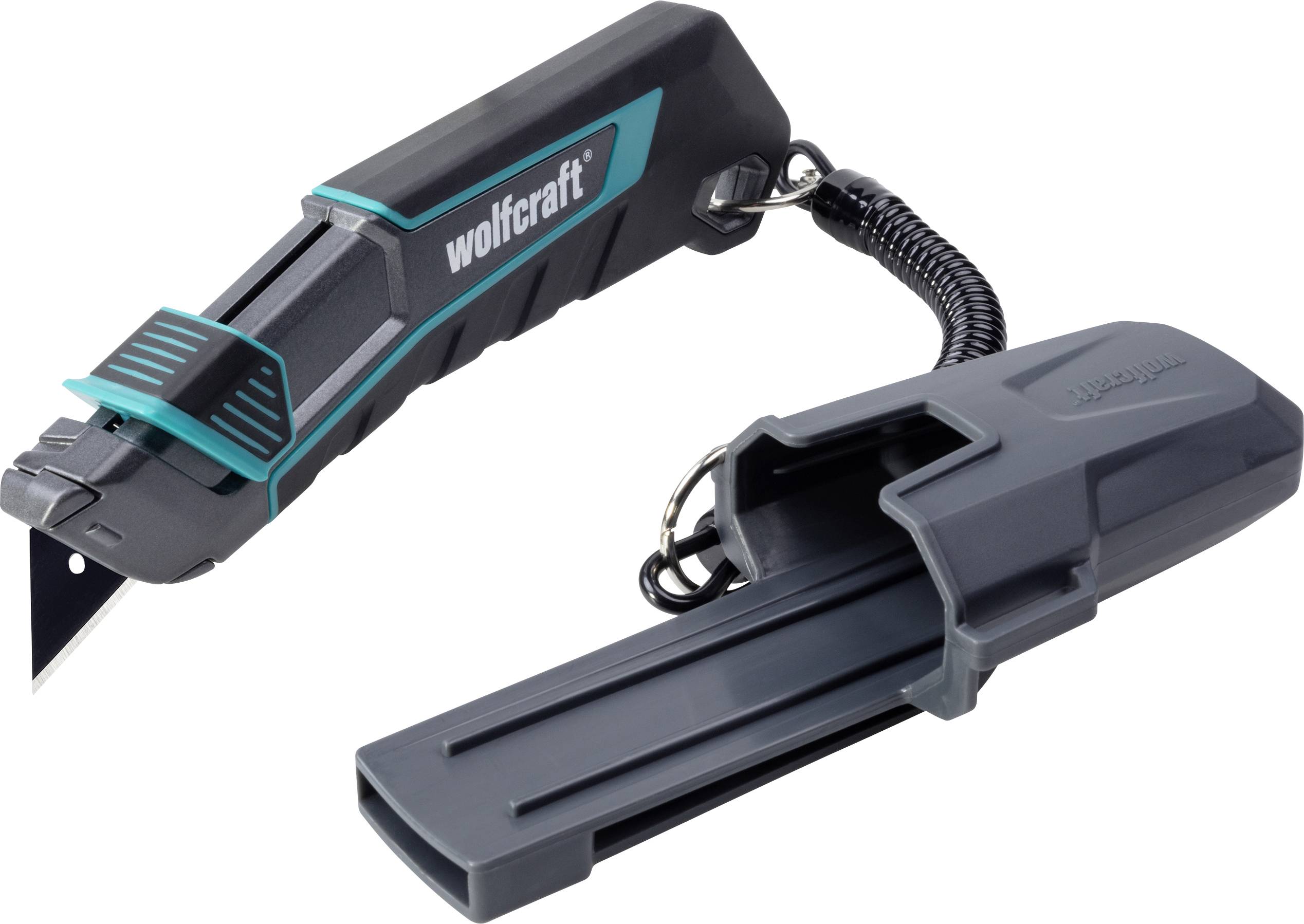 Wolfcraft infällbar skärkniv med säkerhetskåpa och blådhållare på vit bakgrund.