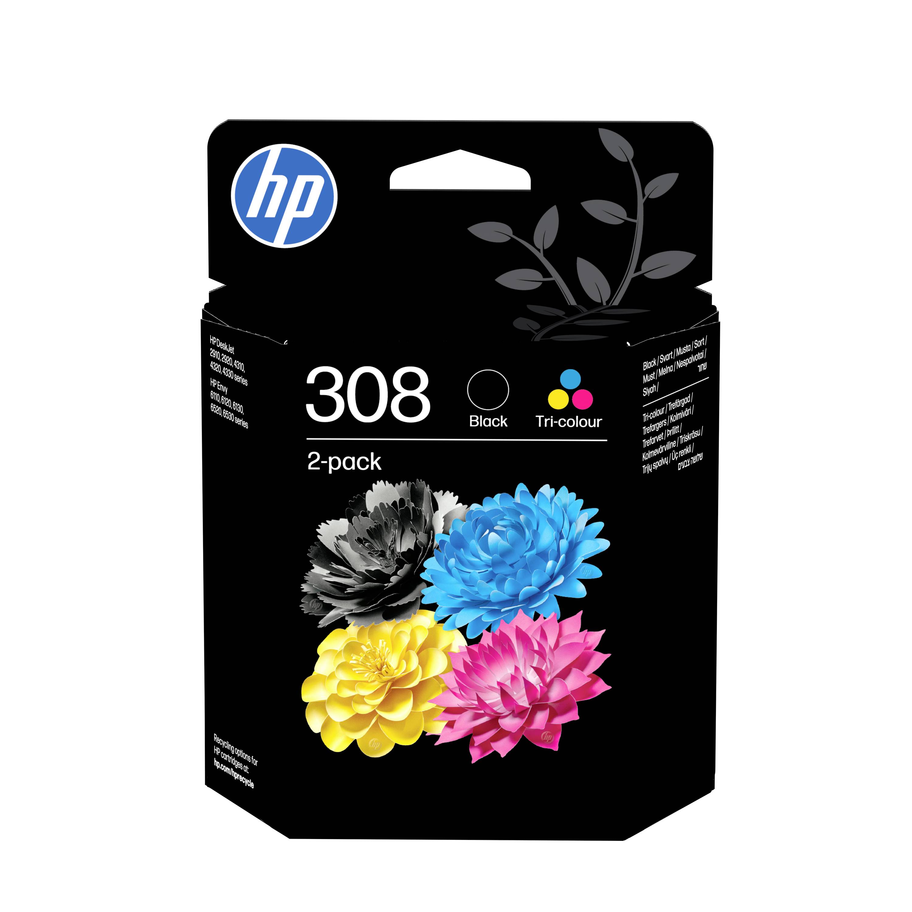 HP 308 bläckpatronpaket med 2-pack, svart och trefärgad, med blomstergrafikk på en svart låda.