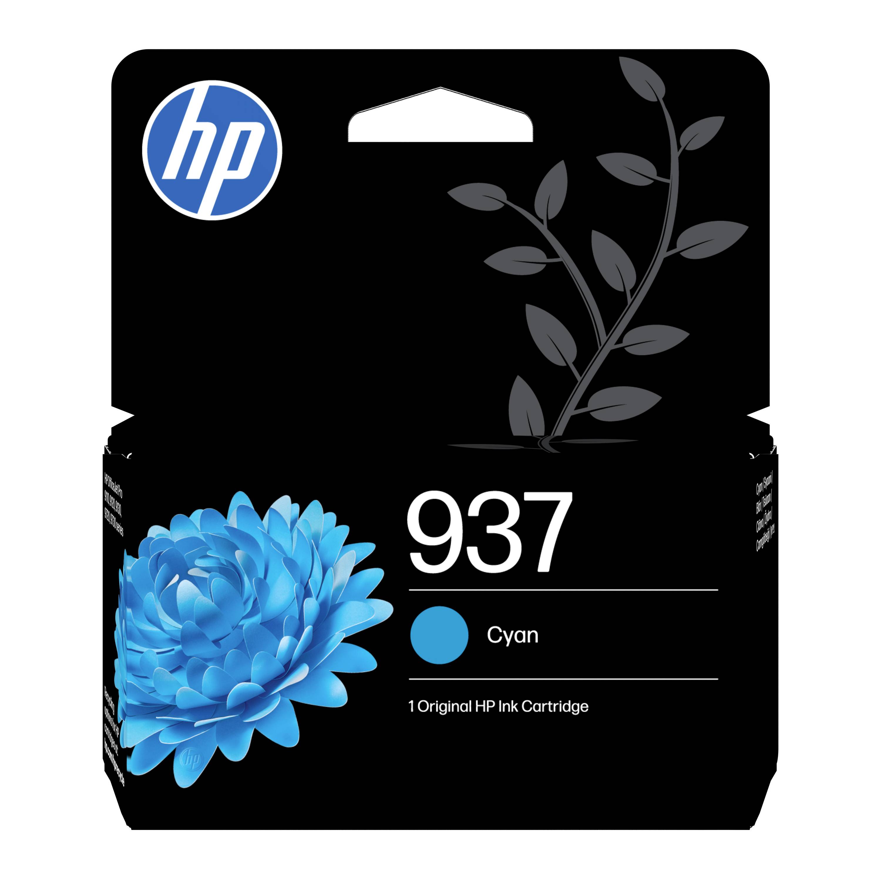 HP 937 cyan bläckpatron paket med blå blomgrafik och HP-logo på en svart låda.