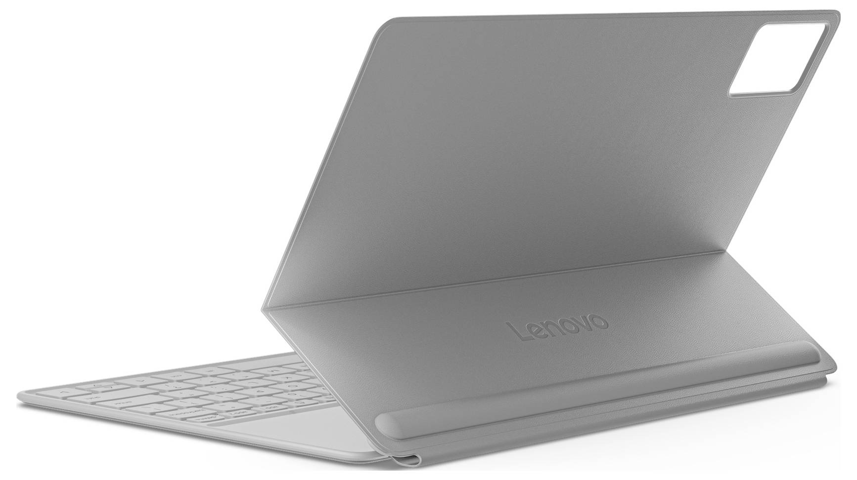 Silver Lenovo-surfplatta med tillkopplat tangentbordsfodral, visas öppen i ett laptopliknande stativ.