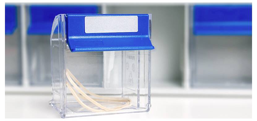 Genomskinlig plastförvaringslåda med ett blått lock, innehållande flera ljusfärgade kablar eller rör på en hylla.