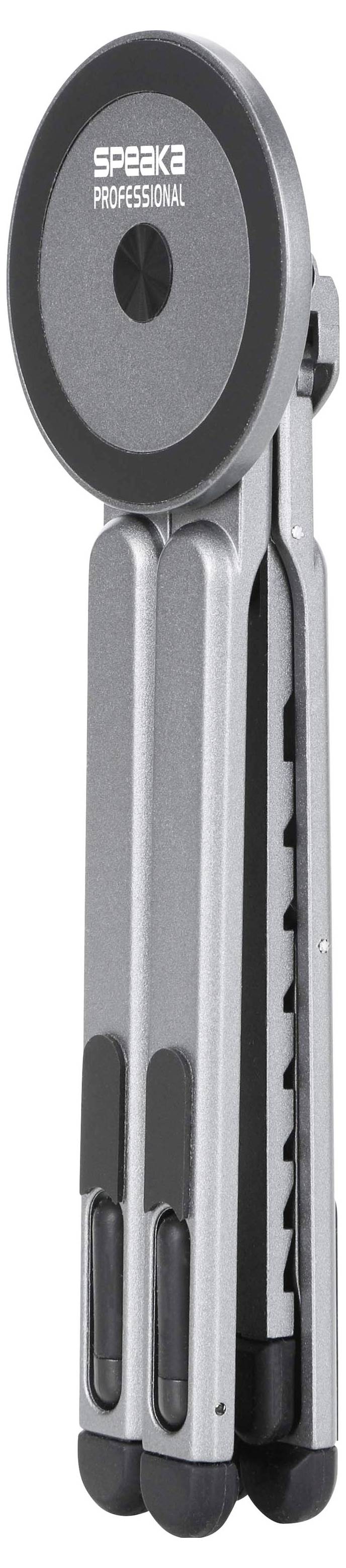 Vikbar silvertripod för handmontering med rund svart "SPEKA PROFESSIONAL" montering på toppen och fyra ben som är hopvikta tillsammans