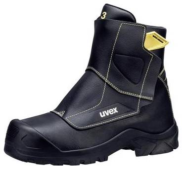 Svart Uvex-säkerhetsstövel med förstärkt tå, högt anklestöd och gul dragflik på vit bakgrund