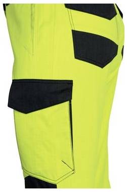 Högt synbar neongul arbetsskjorta eller väst med svarta reflekterande paneler och en stor sidoficka för verktyg.