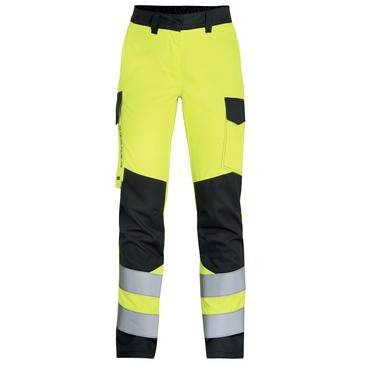 Högvisibilitetsarbetsbyxor i neonguld och svart med reflekterande band på underbenen och lastfickor.