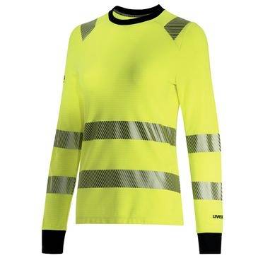 Synliggöringströja i neonfärg med långärmad arbetsdesign, försedd med reflekterande silverstripor, svart krage och manschetter, visad framifrån mot en enkel bakgrund.