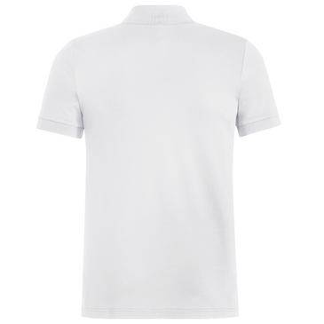 Vit kort skjorta med polokrage visad framifrån mot en ljus bakgrund.