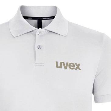 Vit kortärmad poloskjorta med krage och "uvex"-logotyp på bröstet.