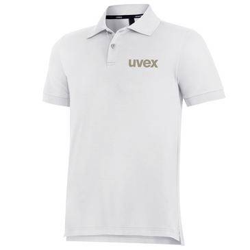 Vit kortärmad pikéskjorta med krage och "uvex"-logotyp på bröstet, visad mot en enkel bakgrund.