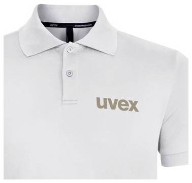 Vit kortärmad poloskjorta med två knappar och "uvex"-logotyp på bröstet.
