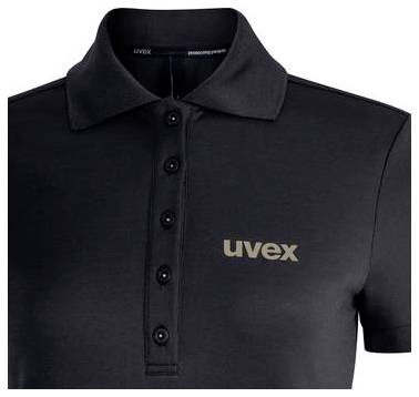 Svart pikétröja med korta ärmar, knapplist och "uvex"-logotyp på bröstet.