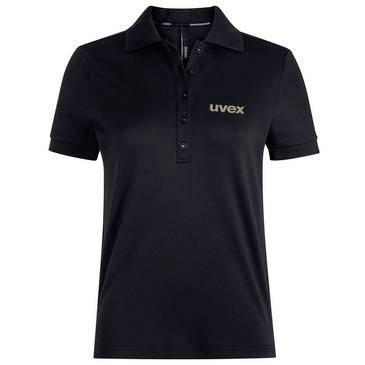 Svart kortärmad poloskjorta med 'uvex'-logotyp på bröstet, visad mot vit bakgrund.