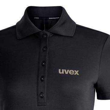 Svart poloskjorta med korta ärmar, tre knappar på knäppningen och "uvex"-logotyp på bröstet.