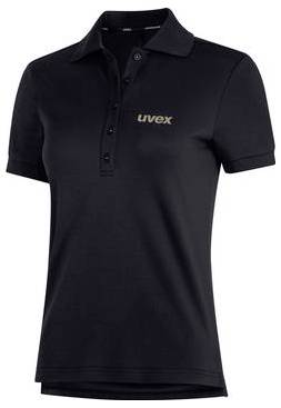 Svart kortärmad poloskjorta med "uvex"-logotyp på bröstet, visad mot vit bakgrund.