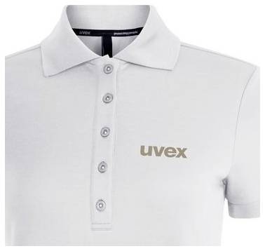 Vit kortärmad piké med krage, knapplist och "uvex"-logotyp på bröstet.