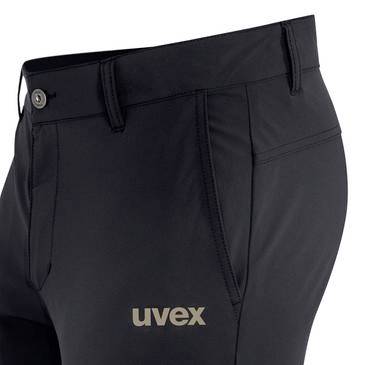 Svarta uvex-arbetsbyksor visade på vit bakgrund, med bälteöglor, främre fickor och en logga på låret.