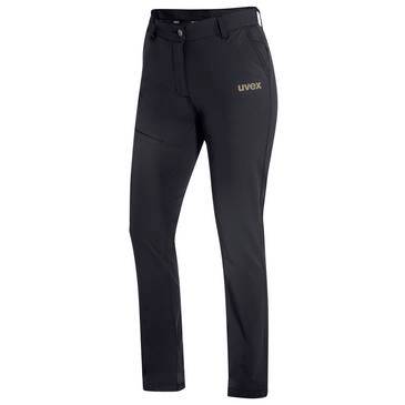 Svarta slim-fit byxor med "uvex"-logga på översta låroch, visade på vit bakgrund.