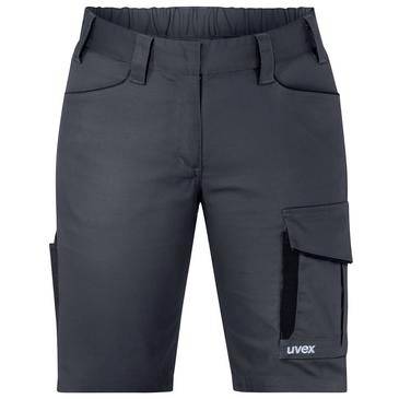 Mörkgrå cargoshorts med flera fickor och "uvex"-logotyp på höger ben, visade mot en vit bakgrund.