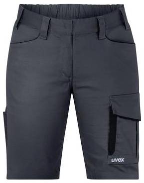 Svarta lastshorts med elastiskt midjeband, framfickor och en sidoutilitetsficka märkt "uvex" på vit bakgrund.